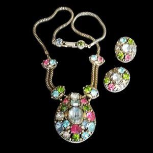 Vintage Hollycraft Pastel Rhinestone Necklace Earring Set